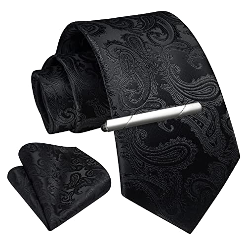 Image of Enlision Ties for Men Plaid Stripe Tie Handkerchief Woven Classic Formal Necktie Pocket Square Clip Set