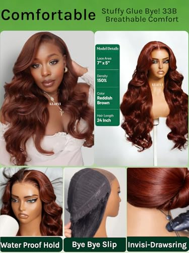 Image of KLAIYI Bye Bye Slip Reddish Brown Loose Body Wave Glueless Precut 7x5 Lace Front Wig Human Hair Drawstring Pre Plucked Bleached Knots 30S Ready to Wear and Go Wig Pre Everything Cooper Red Wig 22Inch