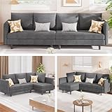Gizoon Small Convertible Sectional Sofa, L-Shape Sectional Couch, 4 Seater Sectional Sleeper Sofa Bed with Removable Armrest, 4 Pillows, for Living Room, Apartments, Office, Dark Grey.