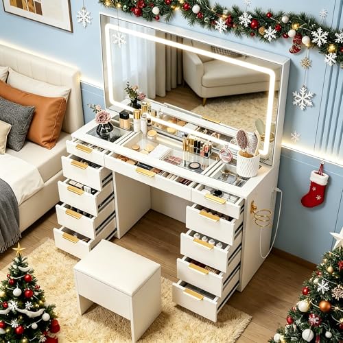 Pamapic Glass Top Vanity Desk with Mirror and Lights, 11 Drawers Makeup Vanity with Charging Station...