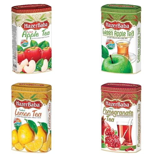 Hazer Baba - Turkish Tea Tin Pick N Mix | Choose From 4 Flavours | Turkish-Pomegranate-Tea, Lemon-Tea, Green Apple-Tea, Apple-Tea - Pack of 2 X 250g