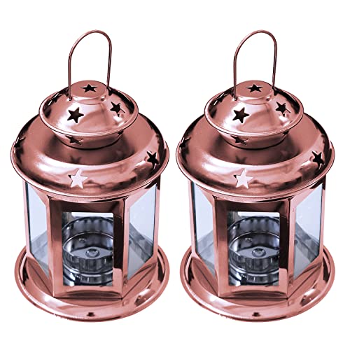 Image of Pair of European Design Antique Glass Hanging Candle Lanterns with Stars Metal Frame Candlestick Holder Night Lamp, Romantic Xmas Wedding Party Decoration Original Package (Bronze)