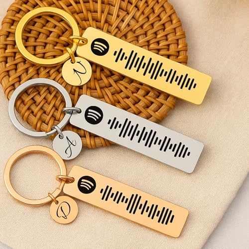 Image of Personalized Spotify Music Code Keychain, Double-Sided Engraving, Custom Message and Initial Charm, Metal