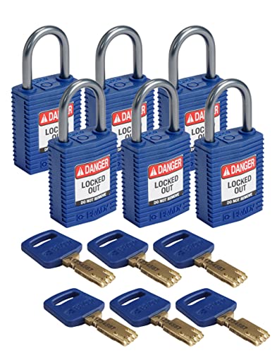 Image of Brady CPT-BLU-25AL-KD6PK SafeKey Padlock, Blue, 2.6 in H x 1.25 in W x 0.75 in D