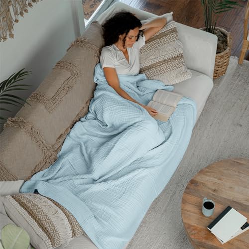 Image of Comfy Cubs Muslin Throw Blanket - 50 inch x 60 inch Quilted Design - Lightweight, Breathable 6-Layer Gauze Fabric - Soft Cotton Blanket for Home or Travel - Packaged in Elegant Gift Box - Sky Blue