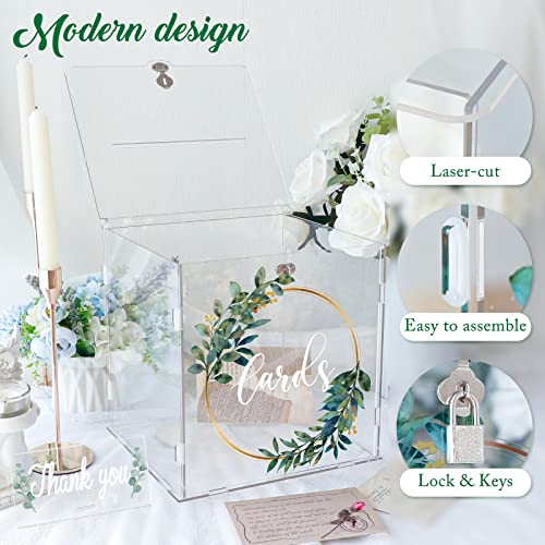 Image of OurWarm Clear Acrylic Card Box with Lock & Slot, Thick DIY Wedding Card Box for Wedding Reception, Large Money Gift Box Eucalyptus Graduation Card Box for Party Graduation Birthday Baby Shower