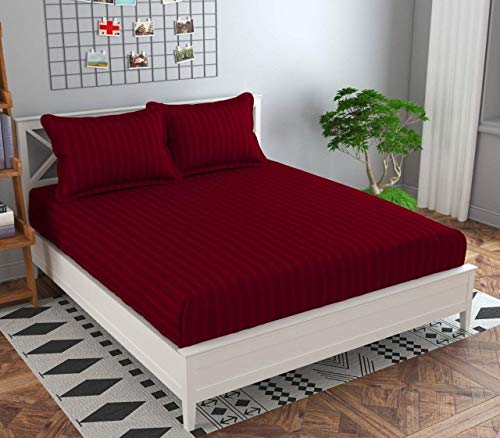Image of KAWI Satin Cotton 210 TC Striped Elastic Fitted Bedsheet Queen Size (78X72XUp To 6 Inches Mattress)-Red Color