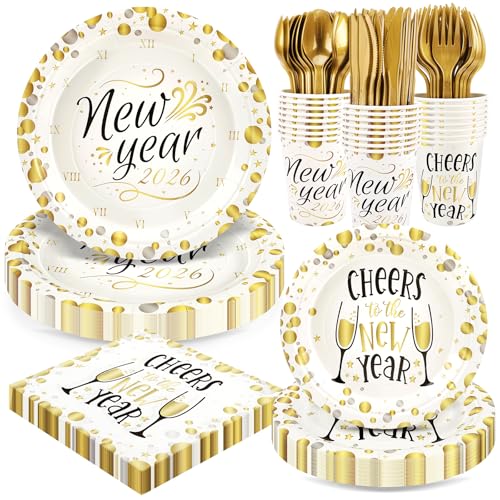 Fighting to Achieve 168pcs Happy New Year Party Supplies White and Gold Paper Plates Napkins Cups and Gold Cutlery for 24 Guests 2026 New Year Disposable Tableware Supplies for Party Decorations