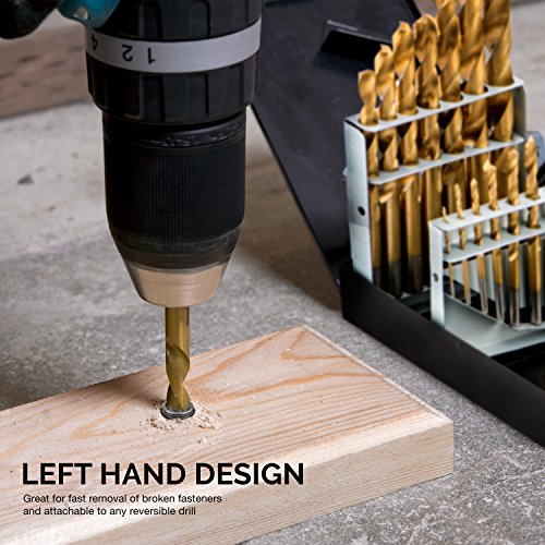 Image of NEIKO 10037A Left-Hand Drill-Bit Set, High-Speed Steel Drills with Titanium Nitride Coating, Reverse-Twist Drill Bits, SAE Sizes, 15-Piece Set