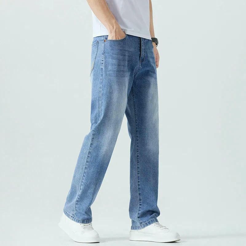 Men's Straight Jeans Summer Thin Solid Color Washing Blue Business Casual Trousers Male Brand Loose Denim Pants4