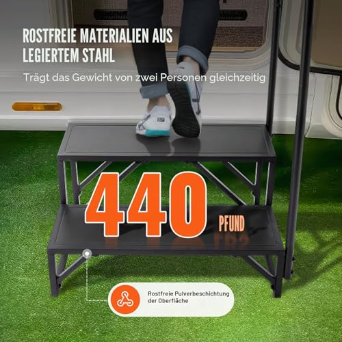 VEVOR Wohnmobil-Stufen, 2-stufige Wohnmobil-Treppe, 200 kg Tragkraft, Verdickter Kohlenstoffstahl, mit Handlauf, rutschfeste Stufen für sicheres EIN- und Aussteigen, geeignet für Wohnmobil, Anhänger