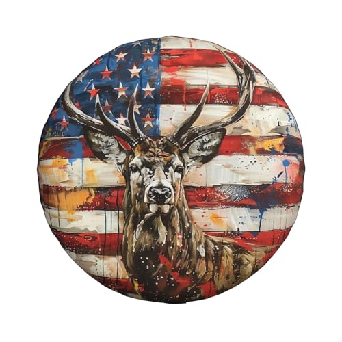Image of Deer with American Flag Spare Tire Cover Wheel Protectors Weatherproof Deer Pattern Wheel Covers Universal Fit for Trailer RV SUV Truck Camper Travel Trailers Accessories 15 Inch