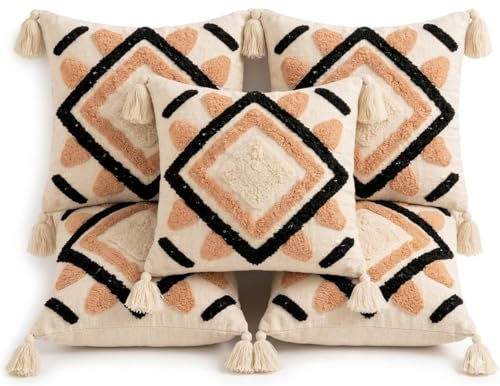 Image of Cushion Cover Pack of 5 (16x16 Inches) | Cotton Textured Decorative Throw Pillow Case for Sofa Bed Living Room Diamond Tufted Cushion Cover with Tassels (Multicolor)