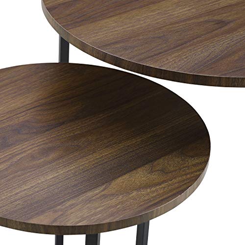Walker Edison Modern Round Metal Base Nesting Set Side Accent Table Living Room Storage Small End Table, Set Of 2, Dark Walnut #TOP3