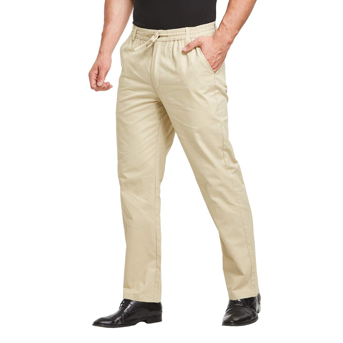 Justsun Men's Khaki Casual Chino Trousers Cotton Regular Fit Elastic Waist Small