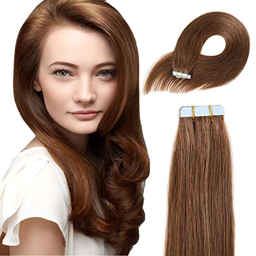 Tape In Human Hair Extensions 16 Inch 20pcs 40g/pack Slilky Straight Seamless Skin Weft Remy Hair 6# Light Brown