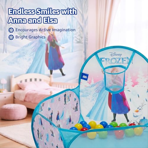 Image of Amazon Brand - Jam & Honey Disney Frozen Pop-Up Ball Pool Tent with 25 Balls & Basketball Hoop | Non-BPA Balls | Indoor & Outdoor Play Tent | 2+ Years