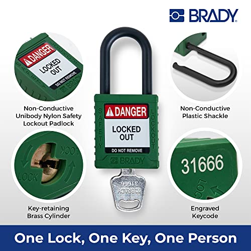 Image of Brady Safety Lockout Padlock Sets - 6 Pack - Green - Keyed Alike Safety Lockout Padlocks - 1 Key Per Lock - SDPL-GRN-38PL-KA6