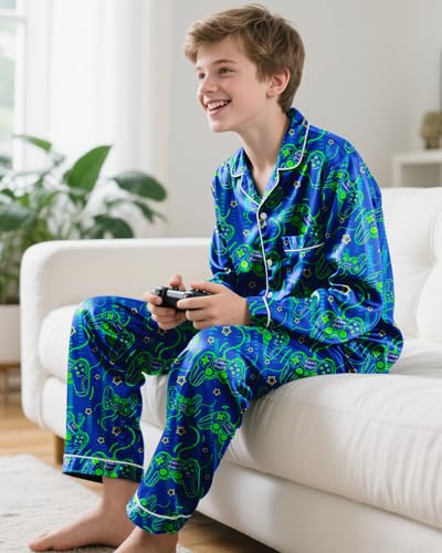 Fiodrimy Boys Pajamas Silky Satin Big Boys PJs Set 2 Piece Sleepwear Button Down Kids Jammies Loungewear Clothes Size 8-143