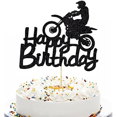 Qerleny Black Flash Happy Birthday Cake Topper, Birthday Party Cake Decoration, Sports Theme Cake Topper （Motocross） Cover