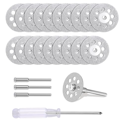 20 PCS Professional 545 Diamond Cutting DiscsDiamond Cutting Wheel Kit for Dremel Rotary Tools | 22mm Blades + 4 Mandrels & Screwdriver