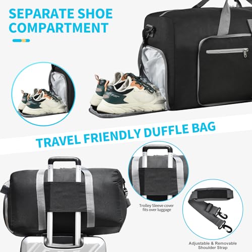 Felipe Varela 65L Duffle Bag with Shoes Compartment, Foldable Waterproof Travel Duffel Bags Duffle Overnight Weekend Travel Gym Bag for Men Women(Black) by Felipe Varela - Image 5