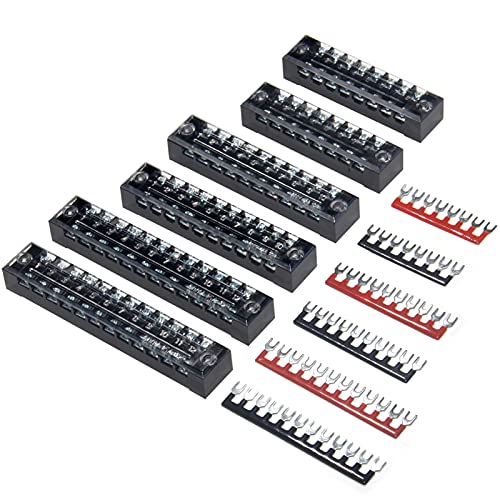 Image of Terminal Block and Strip - 6 Sets 8 /10 /12 Positions 600V 15A Dual Row Wire Screw Terminal Strip Block with Cover + 400V 15A Pre-Insulated Terminals Barrier Strips Jumpers (Black & Red)