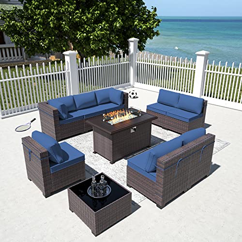 Image of 10 Pieces Outdoor Patio Furniture Set,Outdoor Sectional Furniture with 43 inch 55000 BTU Gas Propane Fire Pit Table,All Weather PE Rattan Wicker Patio Conversation Set,Navy Blue