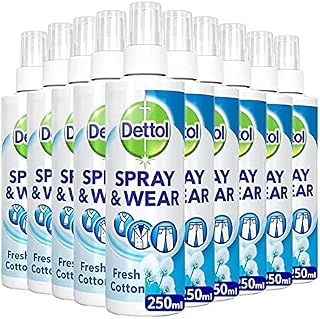 Dettol Laundry Spray Cotton 250ml X 10 Units, Antibacterial, Multipack of 10, Fresh Cotton Fragrance
