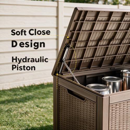 Image of 120 Gallon Deck Box,Lockable Outdoor Storage Box Gas Lift,Waterproof Grey | Package delivery box for outside, outdoor bench with lid, holds patio cushions, gardening tools, dock storage for patio