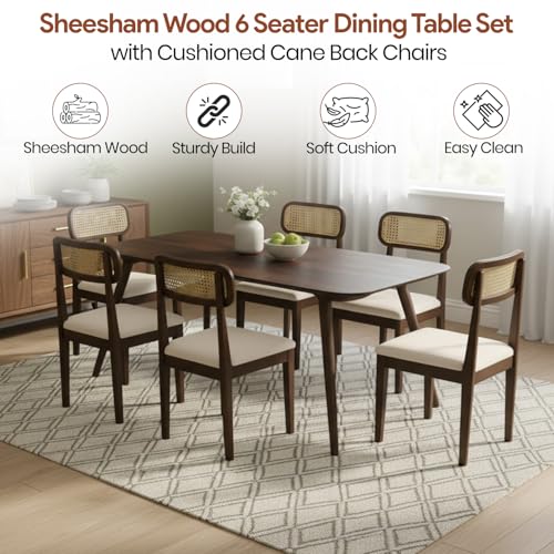 Image of WOODLAB Solid Sheesham Wood 6 Seater Dining Table Set | Wooden Six Seater Dining Table with Cushioned Cane Back Chairs Furniture for Living Room, Home, Hotel and Restaurants - Walnut Finish