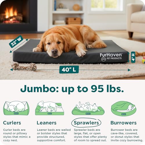 Image of Furhaven Water-Resistant Orthopedic Dog Bed for Large Dogs w / Removable Washable Cover, For Dogs Up to 95 lbs - Indoor /Outdoor Logo Print Oxford Polycanvas Mattress - Stone Gray, Jumbo /XL