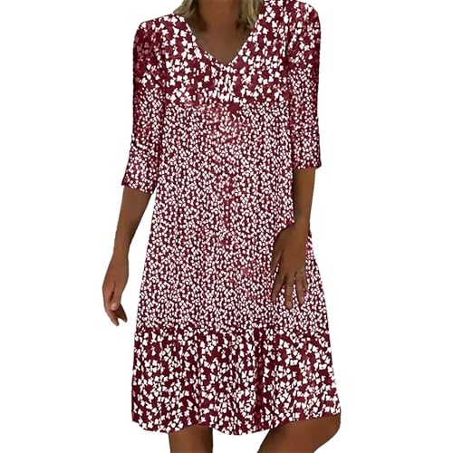 Vestido de manga media con cuello en V y estampado floral para mujer, Vino, S