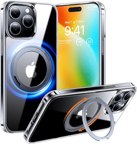 TORRAS 360° Rotatable Ring for iPhone 15 Pro Case with Stand, Compatible with MagSafe, Military Grade Drop Protection, Magnetic Case for iPhone 15 Pro 6.1", Clear