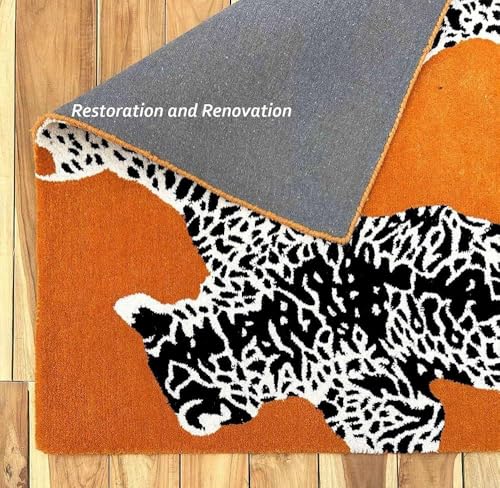 Image of Restoration and Renovation Climbing Jaguar Modern Handmade Wool Rug for Living Room, Bedroom and Dining Room (Orange, 5' x 8')