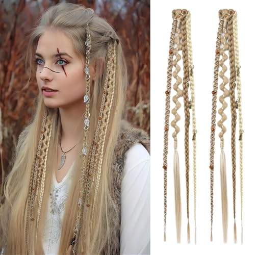 REECHO Clip in Braid Hair Extensions for Women, 16' Boho Dreadlock Clip in Braids with Beads &...