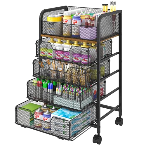 Image of Yociyoga 5-Tier Craft Cart with Wheels-Rolling Storage Cart with Drawers,Rolling Utility Cart with DIY Divider,Art Supply Organizer Cart,Rolling Cart with Drawers,Craft Organizers and Storage,Black