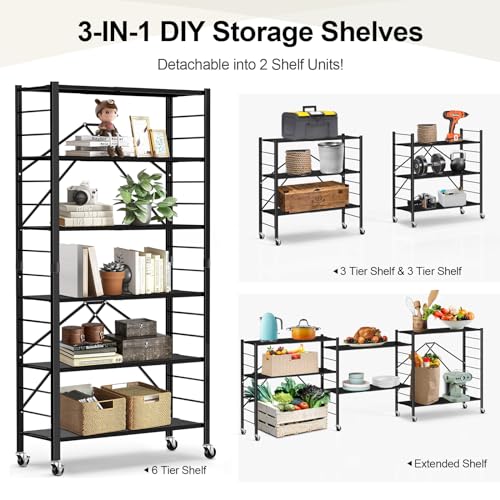 Image of Himix 6-Tier Foldable Storage Shelves with Wheels Adjustable Kitchen Black | Folding shelving units, Metal collapsible organization, Metal shelf, Changeable into 2 shelf units, Garage