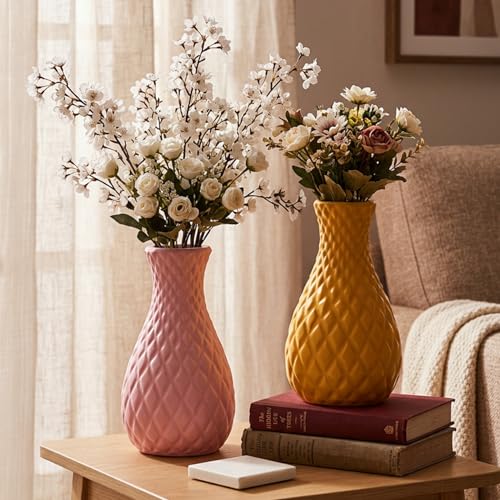 Image of TrustBasket Serenity Decorative Plastic Flower Vase Set Yellow Pink, Modern Table Top Home Accent for Living Room Bedroom Dining Office, Minimalist Durable Lightweight Decorative Set of 2