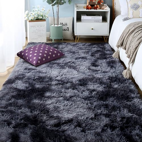 Tapis salon shaggy anti slip gris foncé grand format doux - 2