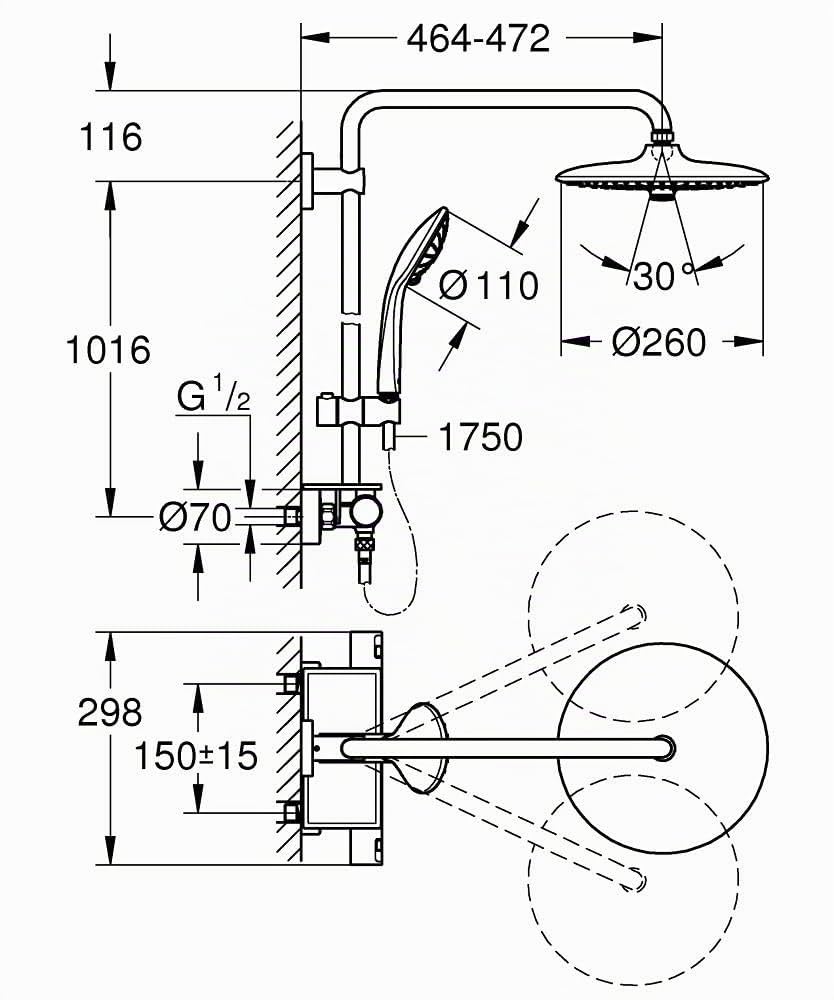GROHE Vitalio Joy 260 QuickFix- Sistema ducha termostática con bandeja (ducha mural 26 cm,teleducha 11 cm con 3 chorros y flexo 1.75m),tecnología Water Saving (menos consumo de agua), cromo, 26403001