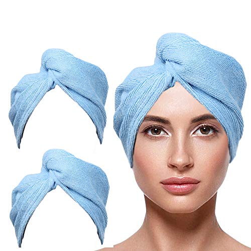 FOVIUPET 2 Pack Microfiber Hair Towel Wrap for Women, 10x26 inch Super Absorbent Hair Wrap Quick Dryer Hair Drying Towel for Drying Curly, Long & Thick Hair, Hair Turban for Bath Spa (blue+blue)