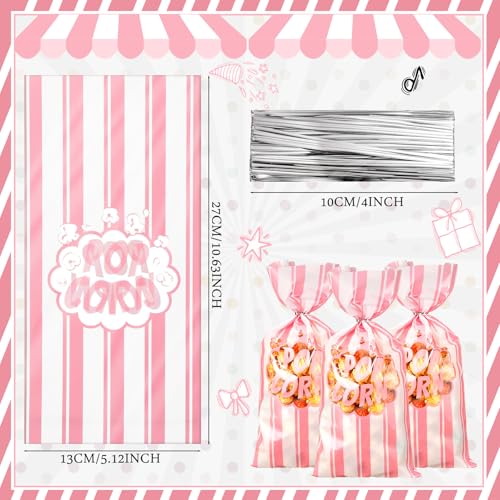 Image of 200 Pcs Popcorn Bags Bulk Movie Night Pop Corn Plastic Bags for Popcorn Machine Pop Corn Snack Containers with Twist Ties for Carnival Graduation Party Supplies (Cute,Pink)