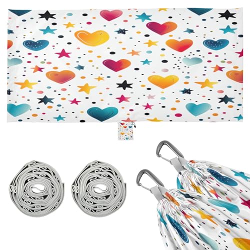 Kigai Colorful Heart Star Camping Hammock Durable & Portable Travel Hammock Holds 330lbs with Tree Strapsm, Pocket, Camping Accessories