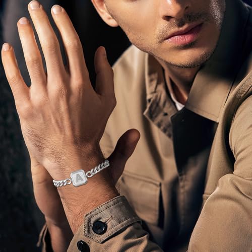 Image of Bellino Initial Bracelet Cuban Link Chain Mens Bracelets Jewelry Gifts | Initial Cuban Link Bracelet for Mens Bracelet Adjustable Size Stainless Steel Men Jewelry Birthday for him Dad Brother Son
