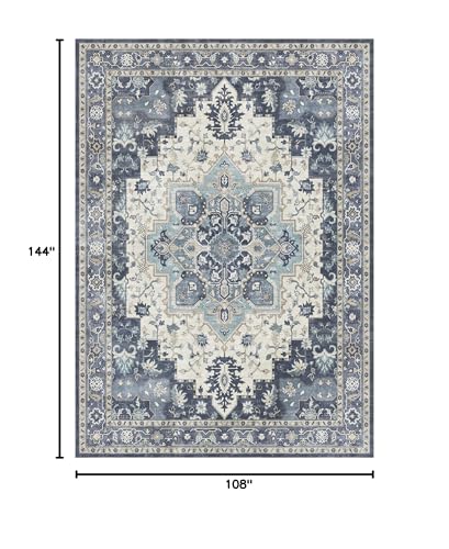GENIMO 9x12 Area Rugs for Living Room, Machine Washable Non Slip Vintage Rugs, Low Pile Lightweight Chenille Print Rug for Bedroom, Dining Room, Home Office, Center Blue