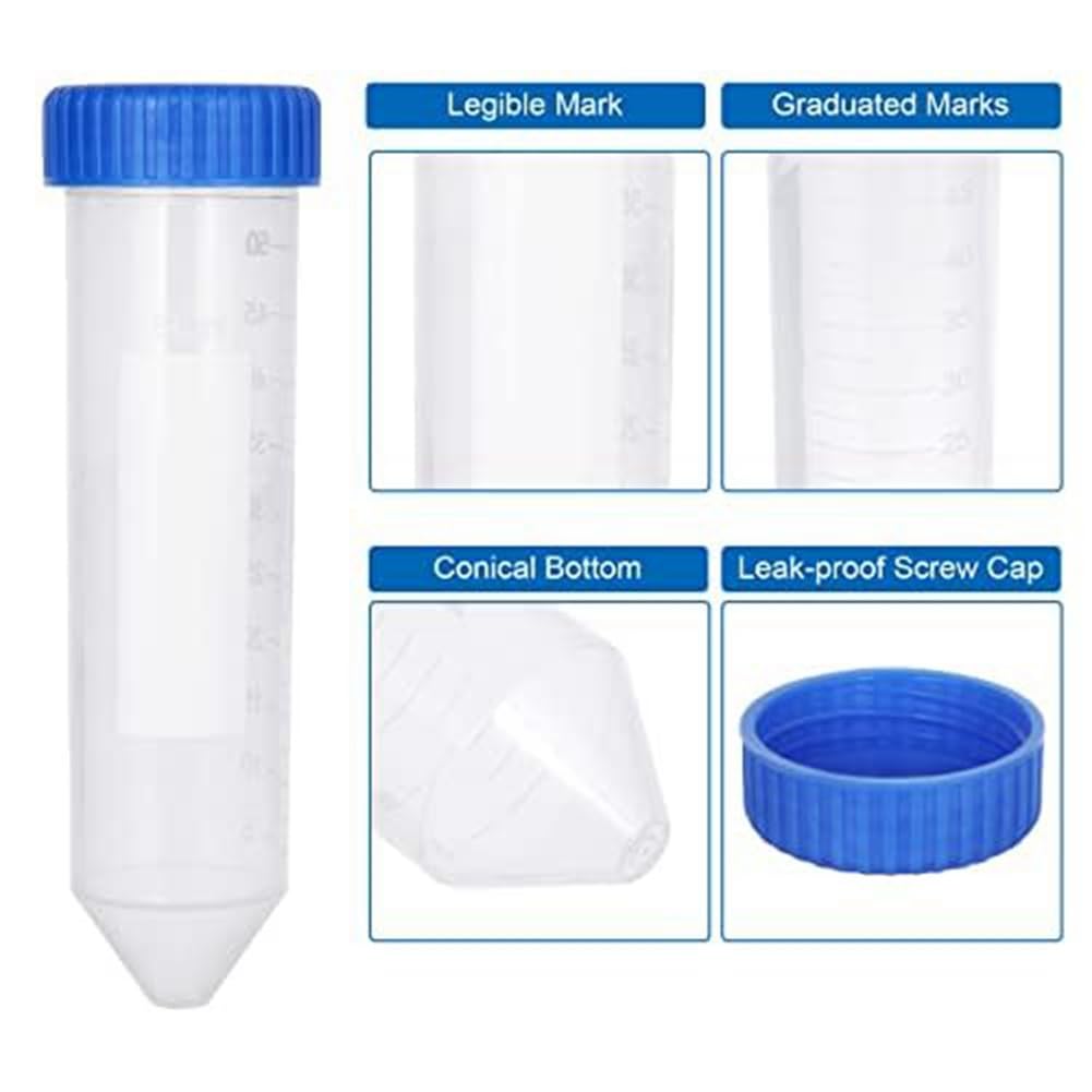 100 Pezzi con Marcature Graduate, Provette da Centrifuga da 50 Ml, Punti Scrivibili In Plastica e Tappi A Vite Blu.