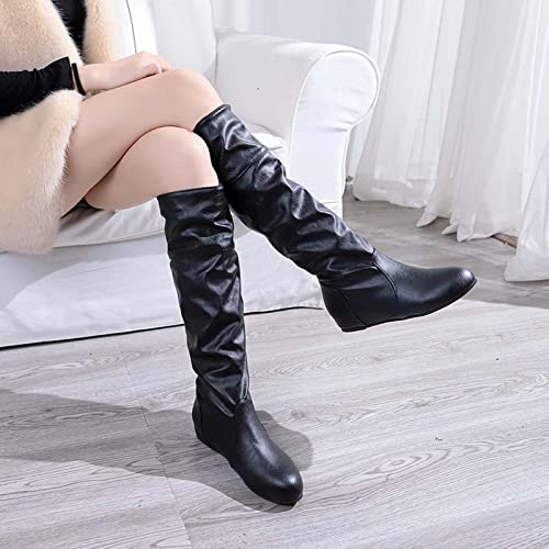 oiangi Women Knee High Flat Boots 2022 Winter Vintage Round Toe Pleated Slip on Motorcycle Boots Solid Retro Casual Comfy Outdoor Ladies Shoes3