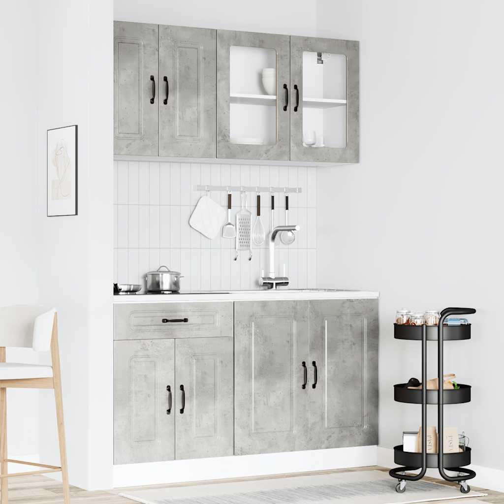 4-teilig Küchenzeile Kalmar Betongrau 80x46x81,5 cm Holz mit Glastüren, höhenverstellbare Füße, Stauraum, für Singles, kleine Küchen