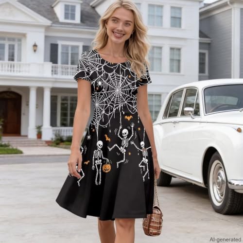 Image of HUGS IDEA Womens Puffy Swing Midi Dress Round Neck Short Sleeve Party A-Line Dresses